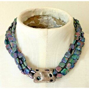 3 Strand Blue Iridescent Sq Pearls Handmade Sterling Slide Sterling Cones 18"